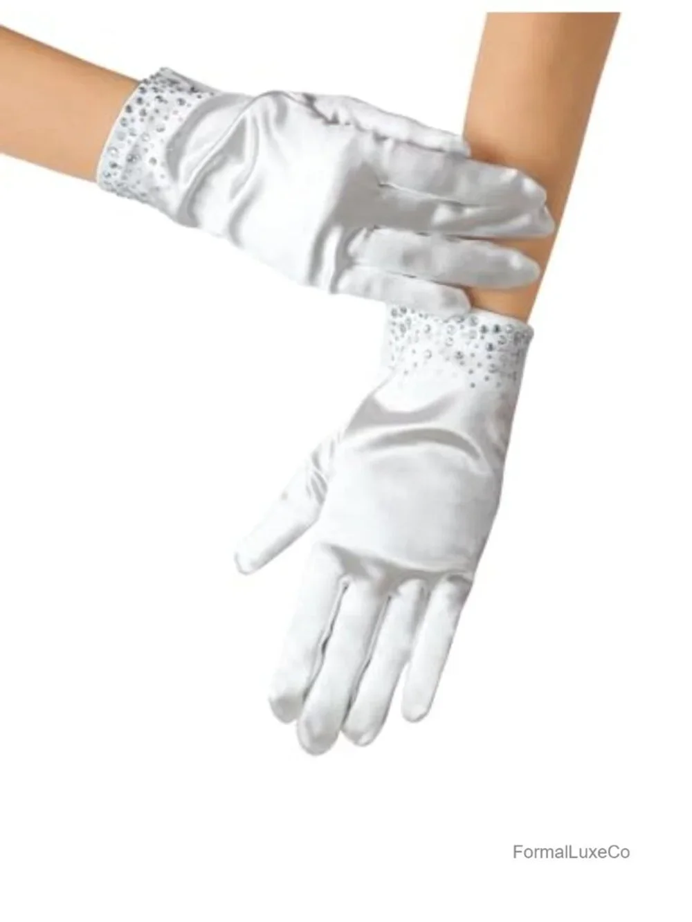 Short Satin Gloves with Rhinestone Sparkle Stretchy Wrist Length Tea Party
